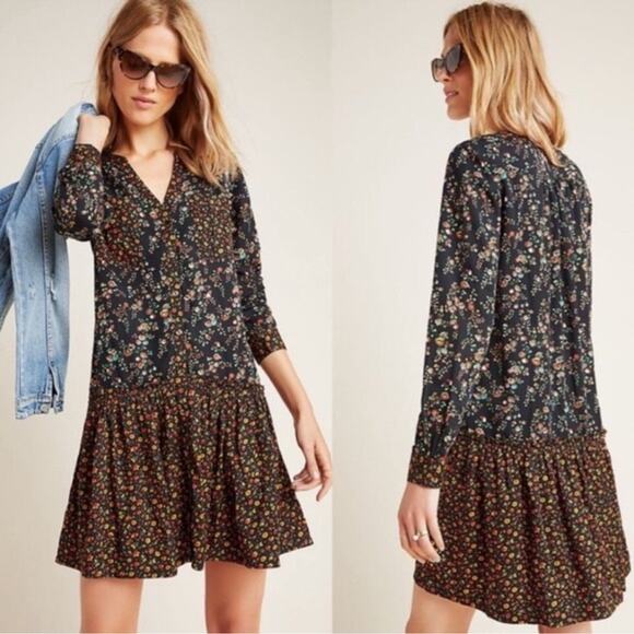 Anthropologie Maeve Marlie Button Up Tunic Dress Black Mixed Floral Print - Picture 1 of 13